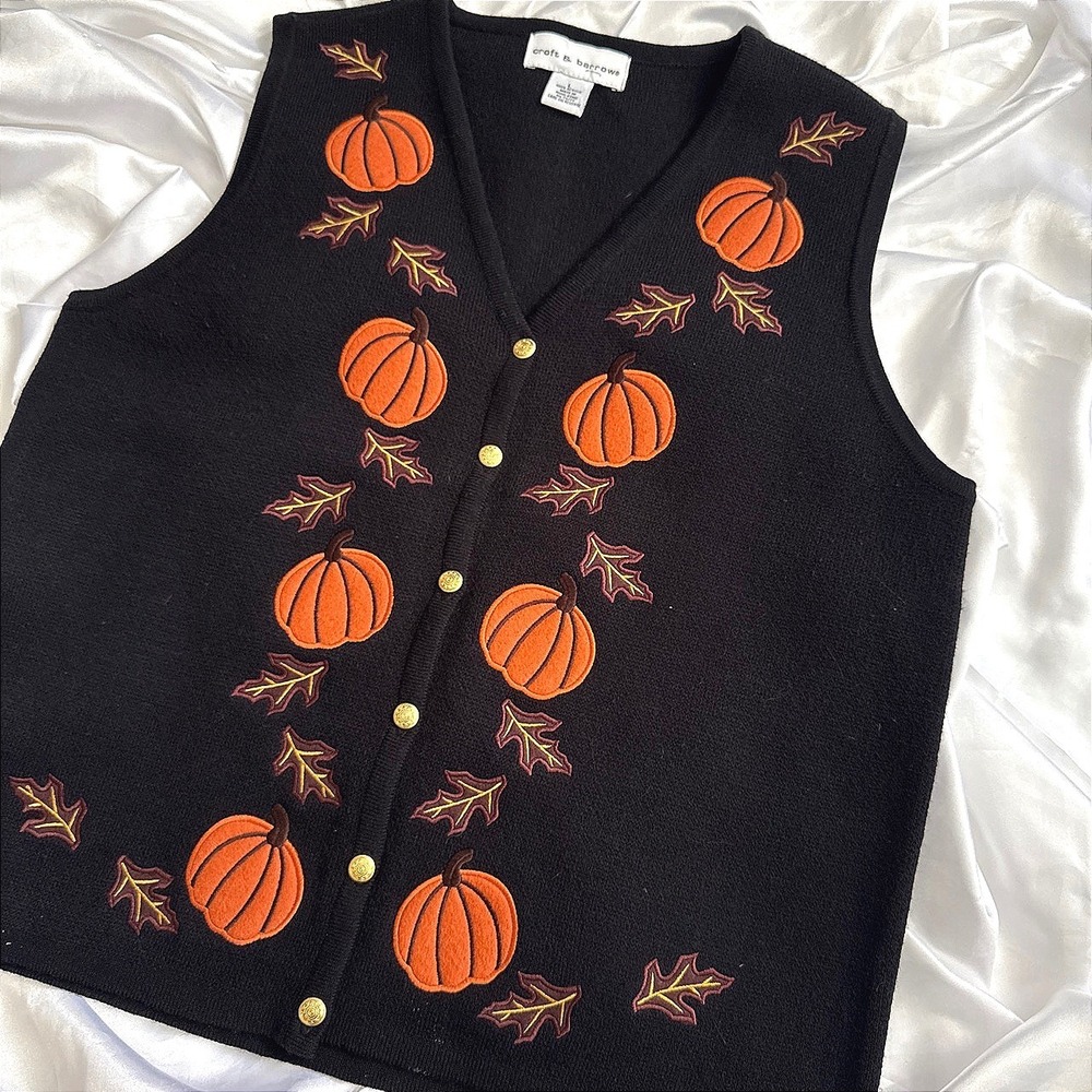 Croft & Barrow Womens Pumpkin Fall Embroidered Sweater Vest Black Large V-Neck